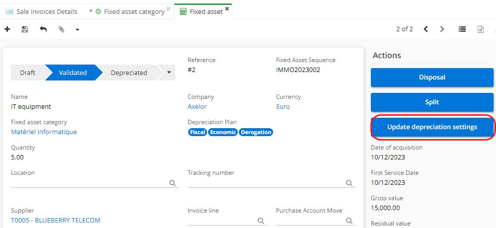 1.1. On the asset fixed form, click on the “Update depreciation
settings” button to enter the accounting value and the number of
depreciation.